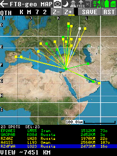 FT8 Geo Map with 28 decoded stations plotted around the Middle East and Europe