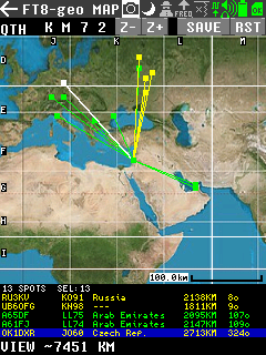 FT8 Geo Map with green CQ lines and yellow QSO lines