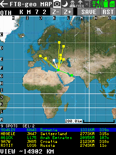 FT8 Geo Map zoomed out to a wide view with Maidenhead grid letters
